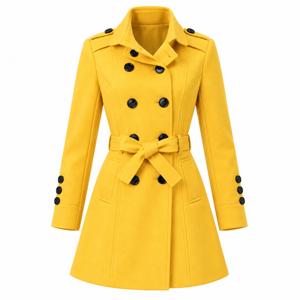 Yellow - A bright yellow double-breasted trench coat with black buttons, a matching waist tie belt, and button details on the cuffs, shown against a plain white background.