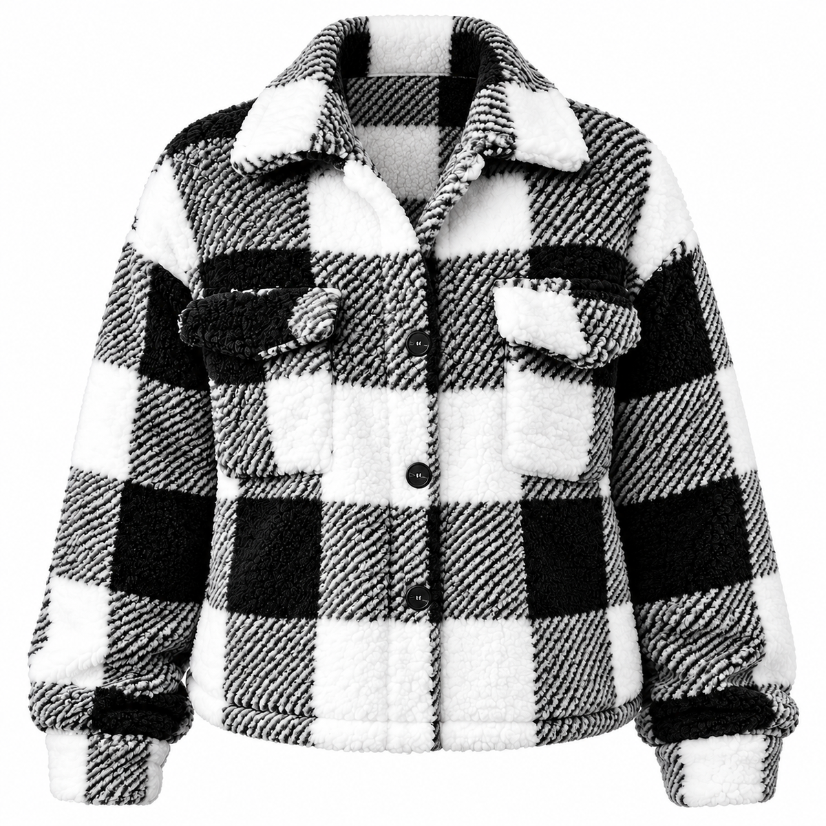 Black - A black and white buffalo check plaid fleece jacket with a sherpa-style collar, button front, and chest pockets, shown on a plain white background.