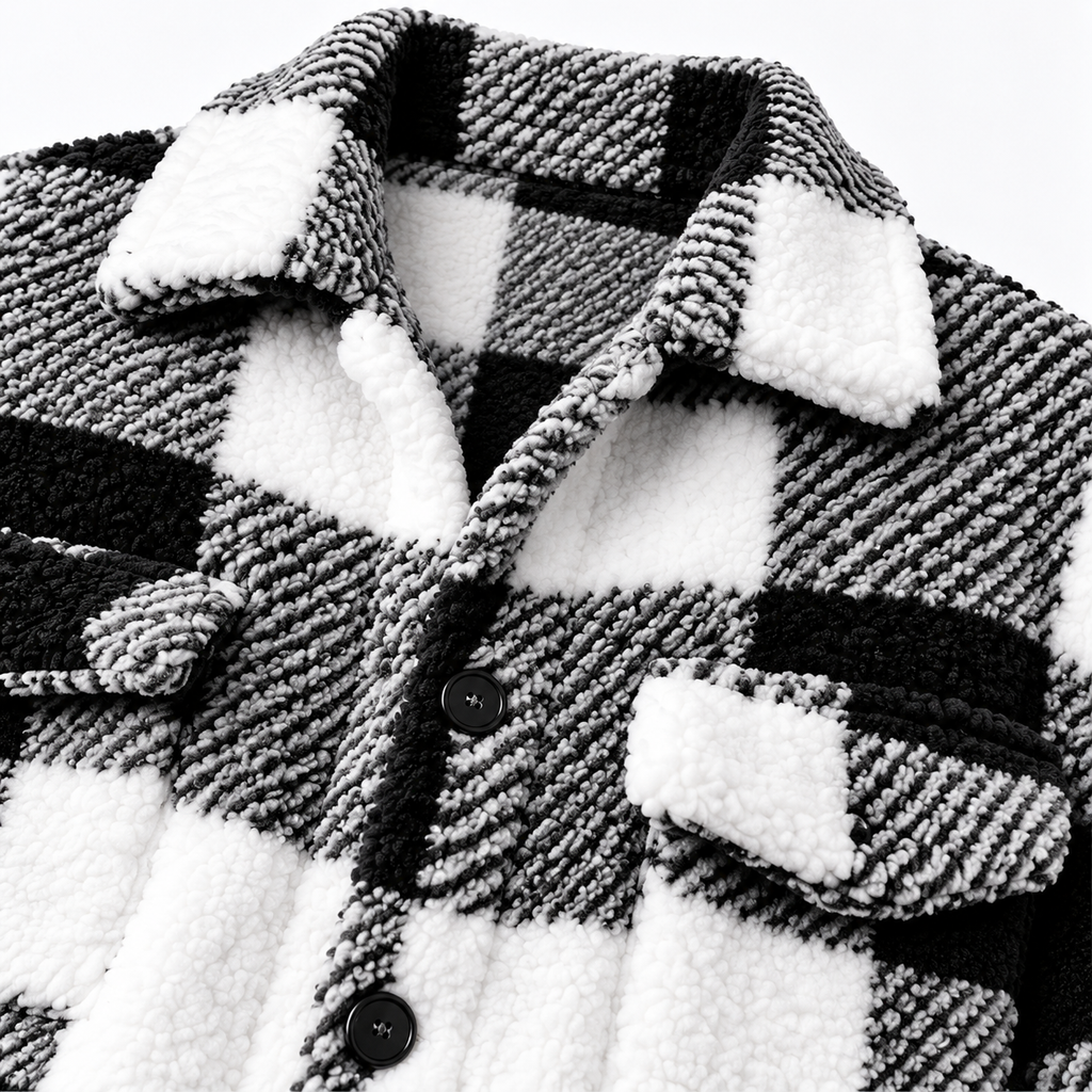Black - Close-up of a black and white buffalo plaid fleece jacket showing the textured woven pattern and soft sherpa lining on the collar, buttons, and chest pockets.