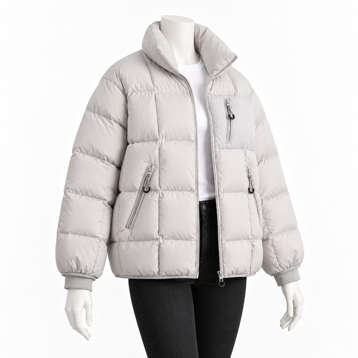 Light Gray - A light gray puffer jacket with a high collar, shown on a white mannequin torso against a plain white background.