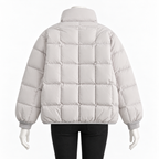 Light Gray - A light gray puffer jacket with a high collar and horizontal quilted stitching, shown from the back on a mannequin with black pants against a white background.