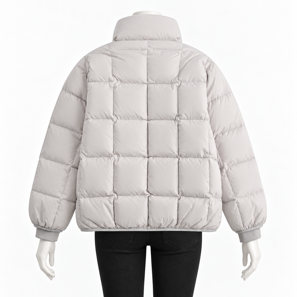 Light Gray - A light gray puffer jacket with a high collar and horizontal quilted stitching, shown from the back on a mannequin with black pants against a white background.