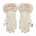 A pair of cream-colored leather gloves with fluffy beige faux fur cuffs and decorative braided stitching along the back of the hands, displayed on a clean white background.