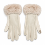 A pair of cream-colored leather gloves with fluffy beige faux fur cuffs and decorative braided stitching along the back of the hands, displayed on a clean white background.