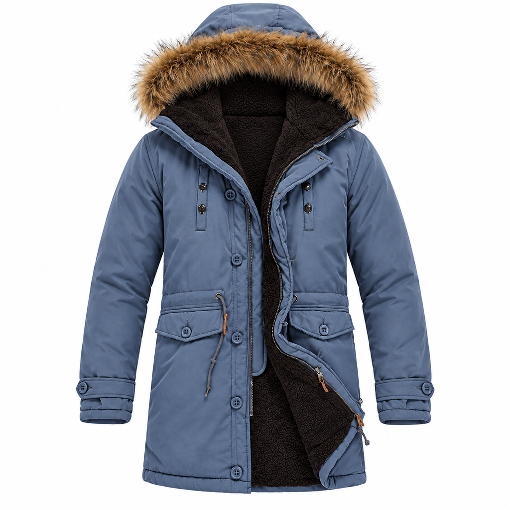 Blue - A blue hooded winter parka with a brown faux-fur trimmed hood and a dark brown sherpa lining, shown on a plain white background.