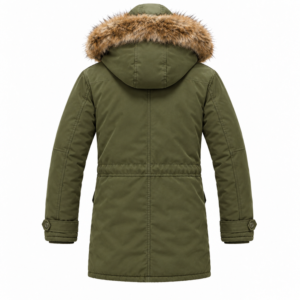 Green - An olive green hooded winter parka shown from the back, featuring a brown faux-fur trimmed hood and a drawcord waist, set against a plain white background.