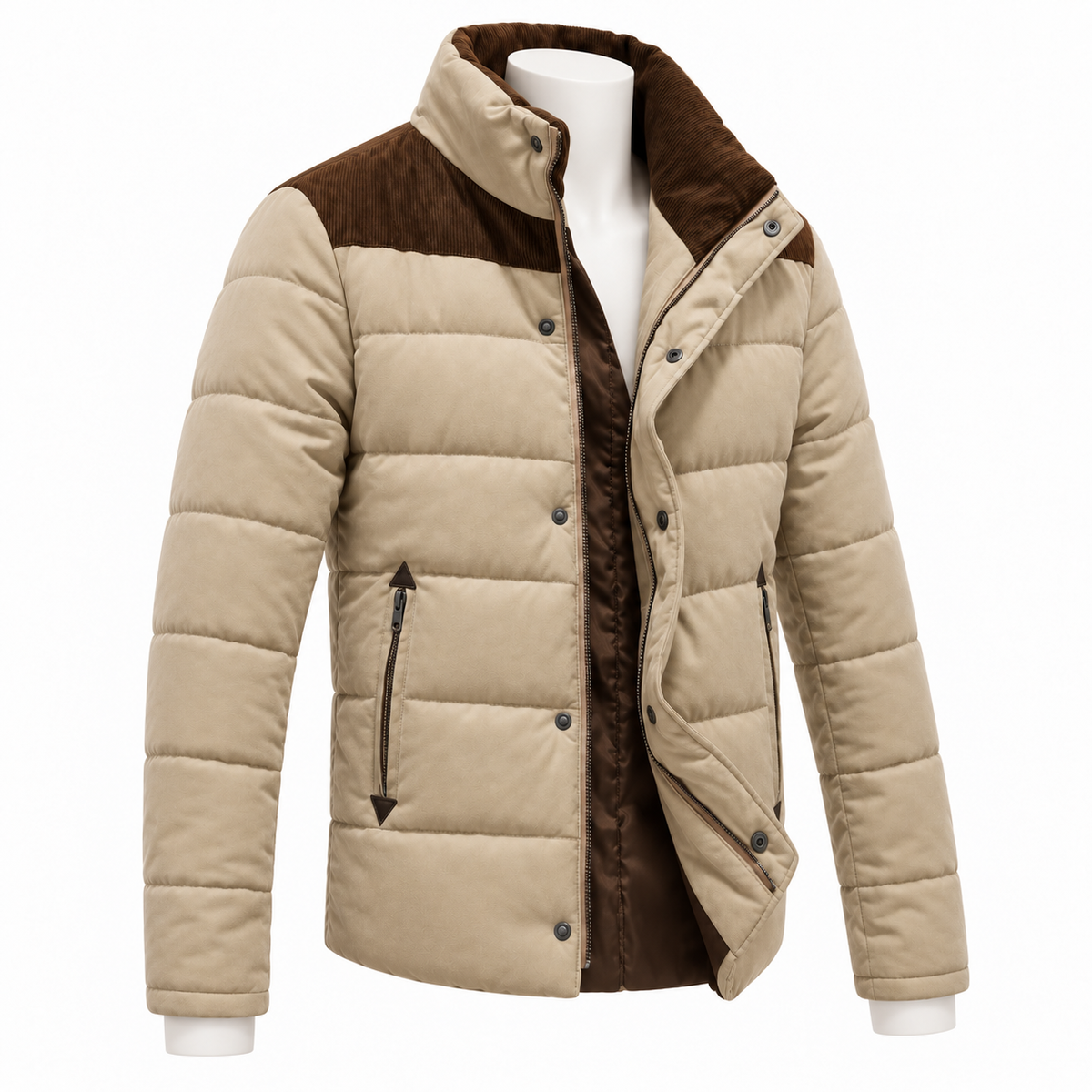 Khaki - A men's quilted puffer jacket in beige with dark brown collar, shoulder panels, and lining, displayed on a white mannequin torso against a plain white background.