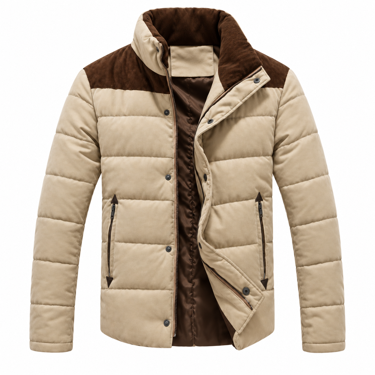 Khaki - A men's quilted puffer jacket in beige with contrasting dark brown shoulder panels, collar, and lining, shown on a plain white background.