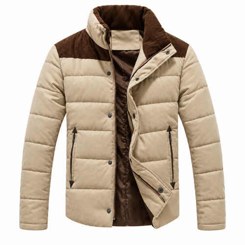 Khaki - A men's quilted puffer jacket in beige with contrasting dark brown shoulder panels, collar, and lining, shown on a plain white background.