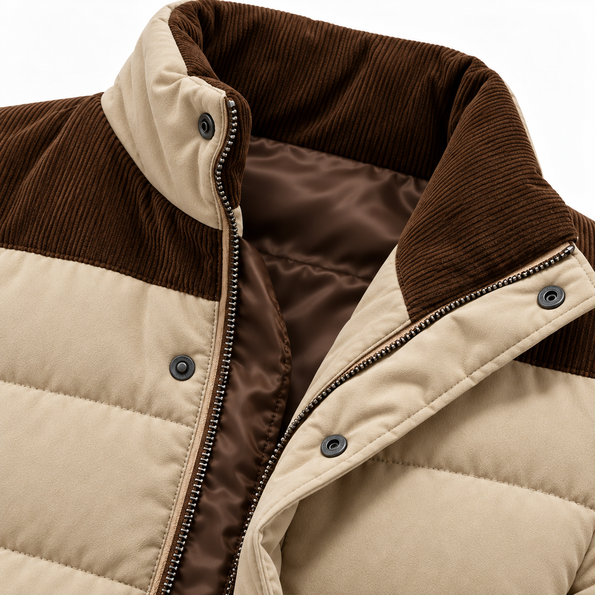Khaki - Close-up of a puffer jacket with a beige quilted body, brown corduroy yoke and collar, and a brown satin zipper.