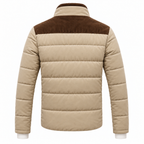 Khaki - A men's beige puffer jacket with a brown corduroy yoke and collar, shown from the back on a white background.