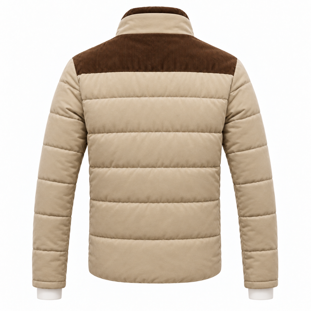 Khaki - A men's beige puffer jacket with a brown corduroy yoke and collar, shown from the back on a white background.