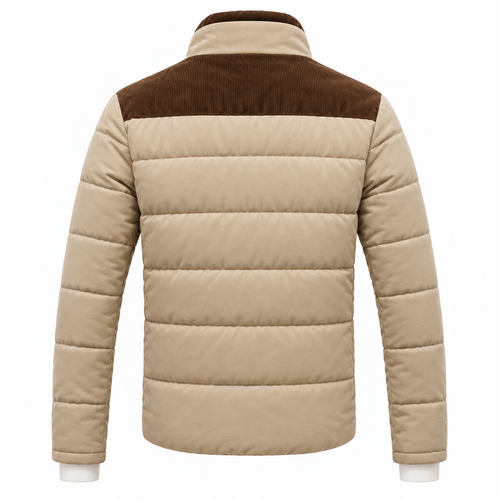Khaki - A men's beige puffer jacket with a brown corduroy yoke and collar, shown from the back on a white background.