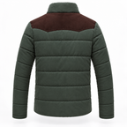 Army Green - A men's quilted puffer jacket shown from the back, featuring a dark forest green body with a contrasting dark brown suede-like yoke panel across the shoulders and collar, set against a plain white background.