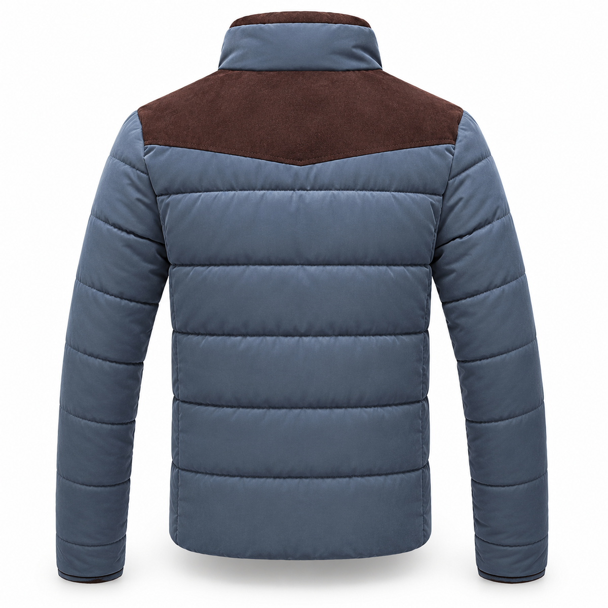 Blue Grey - A men's puffer jacket shown from the back, featuring a slate blue quilted body and sleeves with a contrasting brown suede-like shoulder yoke, set against a plain white background.