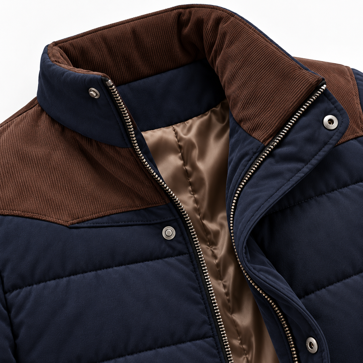 Dark Blue - Close-up of a quilted puffer jacket with a navy blue body, brown corduroy shoulder panels and collar, and a metallic bronze satin-lined interior.