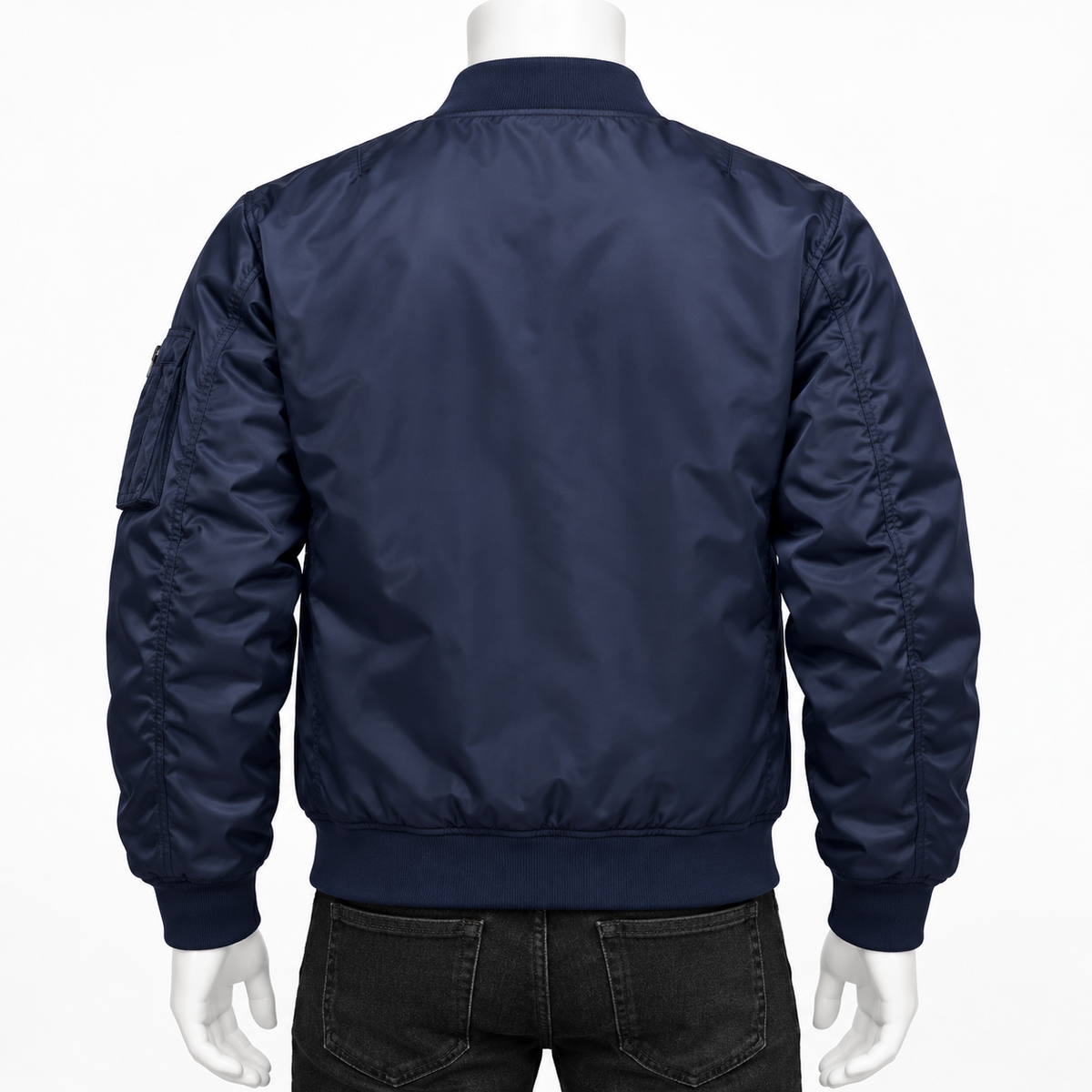 Dark Blue - A navy blue bomber jacket shown from the back on a white mannequin torso, paired with dark jeans against a plain white background.