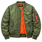 Army Green - An olive green nylon bomber jacket with a bright orange quilted lining, featuring the classic red Alpha Male Belt patch on the left sleeve.