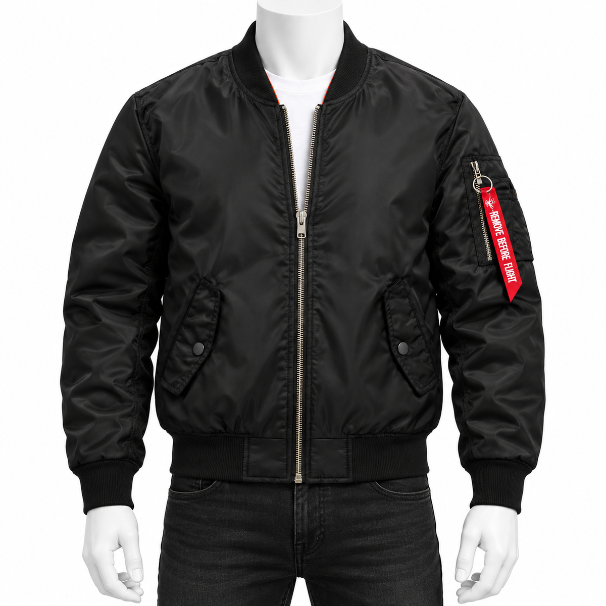 Black - A black nylon MA-1 style bomber jacket displayed on a white mannequin torso with black jeans. The jacket features a front zipper, ribbed collar, cuffs, and hem, two front flap pockets, and a red 'ABSA' brand tag on the left sleeve.