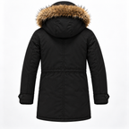 Black - A black hooded winter parka shown from the back, featuring a brown faux-fur trimmed hood and buttoned cuffs, photographed on a clean white background.