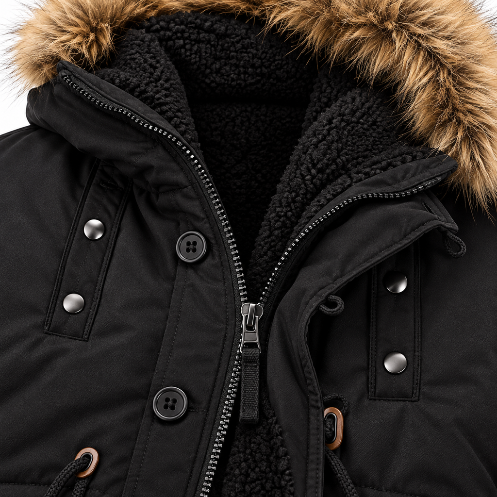 Black - Close-up of a black winter parka jacket with a plush black sherpa lining, a brown faux-fur trimmed hood, and black buttons and zipper hardware.