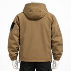 Khaki - A tan hooded jacket shown from the back on a mannequin with white hands and black pants, against a plain white background.