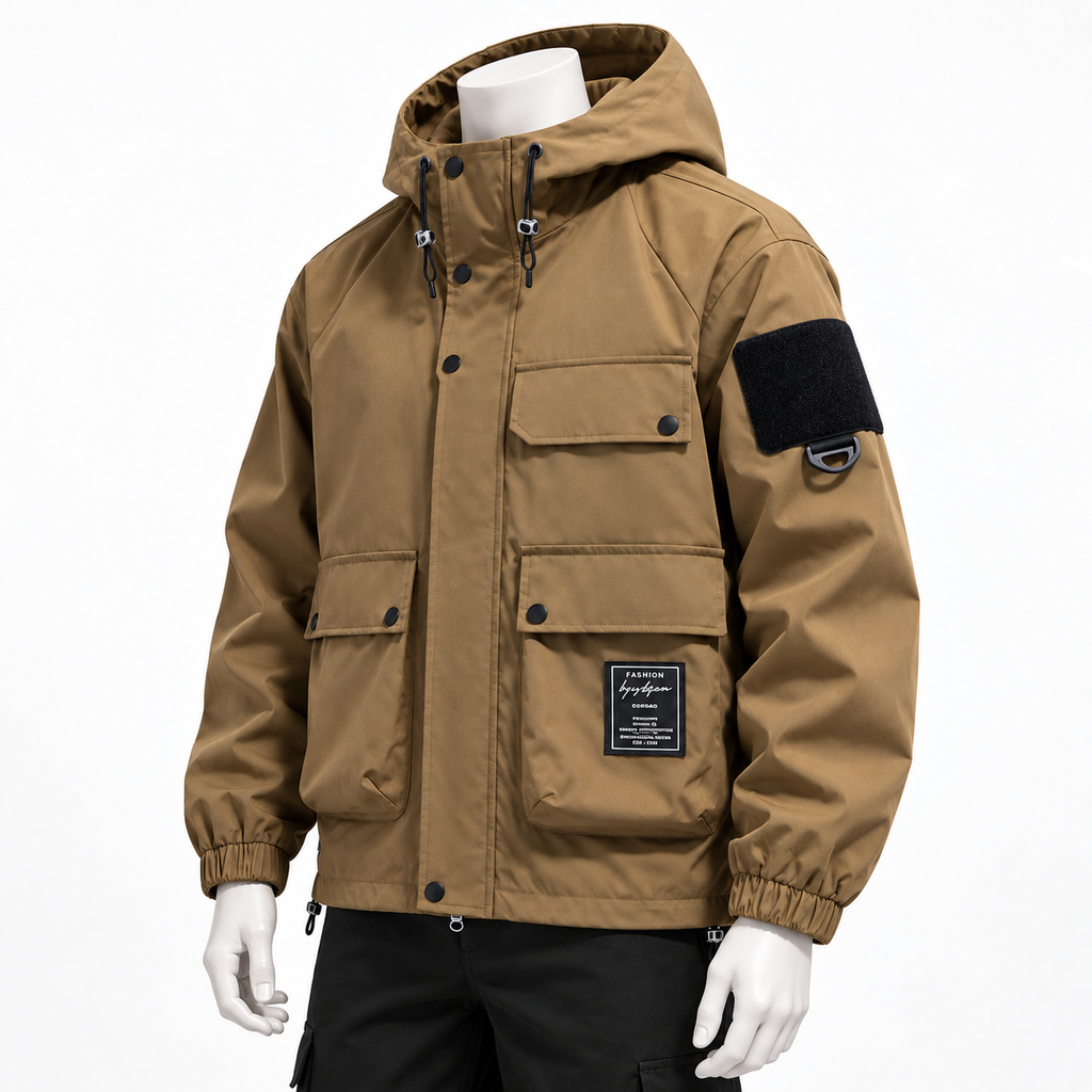 Khaki - A hooded utility jacket in tan brown, displayed on a white mannequin against a clean white background. The jacket features multiple front pockets, a black velcro patch on the upper left sleeve, and a black brand patch on the lower front pocket.