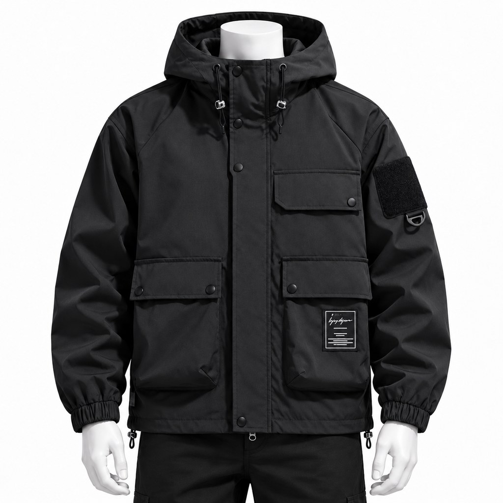 Black - A black hooded utility jacket displayed on a white mannequin torso against a plain white background. The jacket features multiple front flap pockets, elasticized cuffs, a drawstring hood, and a small rectangular brand patch on the lower right front pocket.