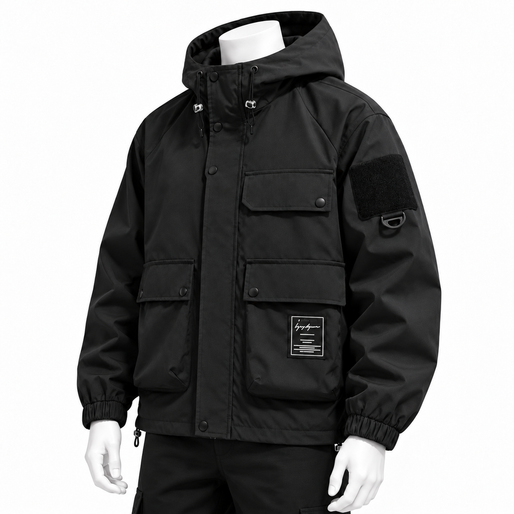 Black - A black hooded utility jacket displayed on a white mannequin torso and arms against a plain white background. The jacket features multiple front flap pockets, elasticized cuffs, a hood, and a black patch on the upper sleeve.
