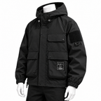 Black - A black hooded utility jacket displayed on a white mannequin torso and arms against a plain white background. The jacket features multiple front flap pockets, elasticized cuffs, a hood, and a black patch on the upper sleeve.