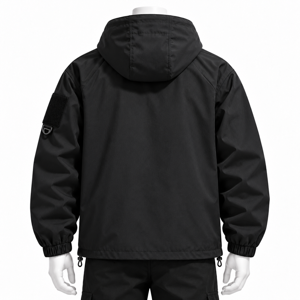 Black - Black hooded jacket shown from the back on a mannequin with white hands, against a plain white background.