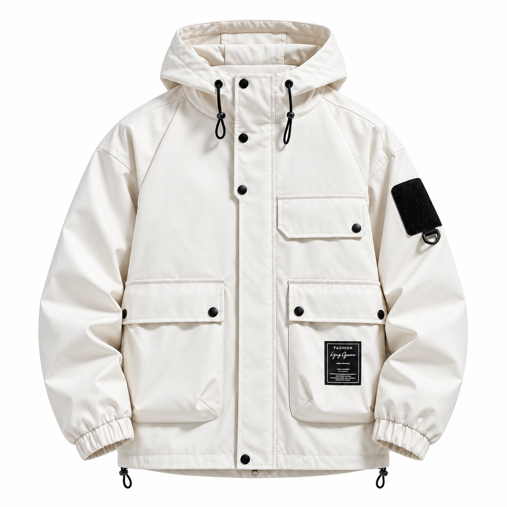 White - An off-white hooded utility jacket with black snap buttons, black drawstrings, and black accents, including a black sleeve patch and a black brand label on the lower front pocket.