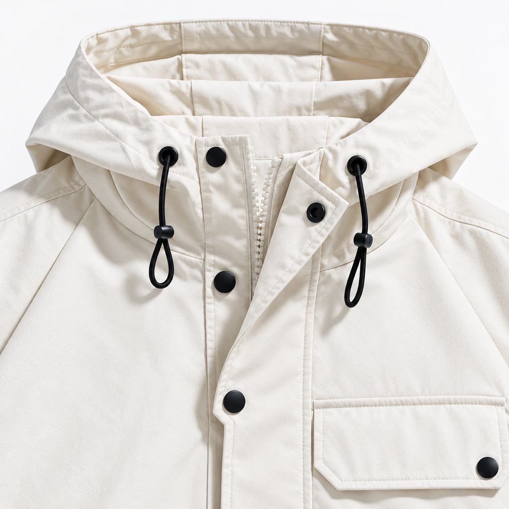 White - Close-up of a hooded jacket in off-white with black drawstrings, snap buttons, and a front flap pocket.