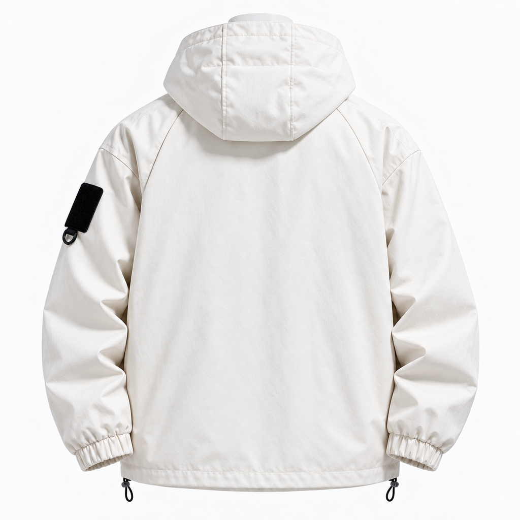 White - An off-white hooded jacket shown from the back, featuring a black rectangular patch on the upper left sleeve with a small black metal ring, set against a plain white background.