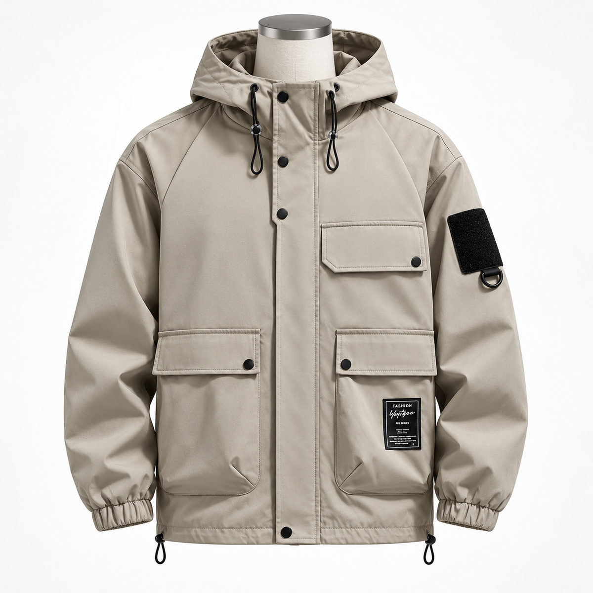 Earth Brown - A hooded utility jacket in light beige/khaki, displayed on a mannequin torso against a plain white background. The jacket features black snap buttons, black drawstrings, flap pockets, elastic cuffs, and a black brand patch on the sleeve.