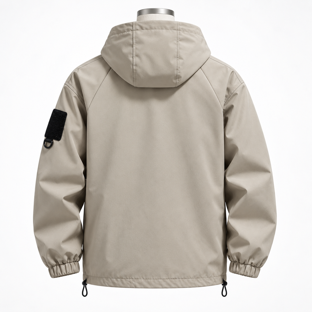 Earth Brown - A light beige hooded jacket shown from the back on a mannequin, featuring a black rectangular patch on the left sleeve and elastic cuffs.