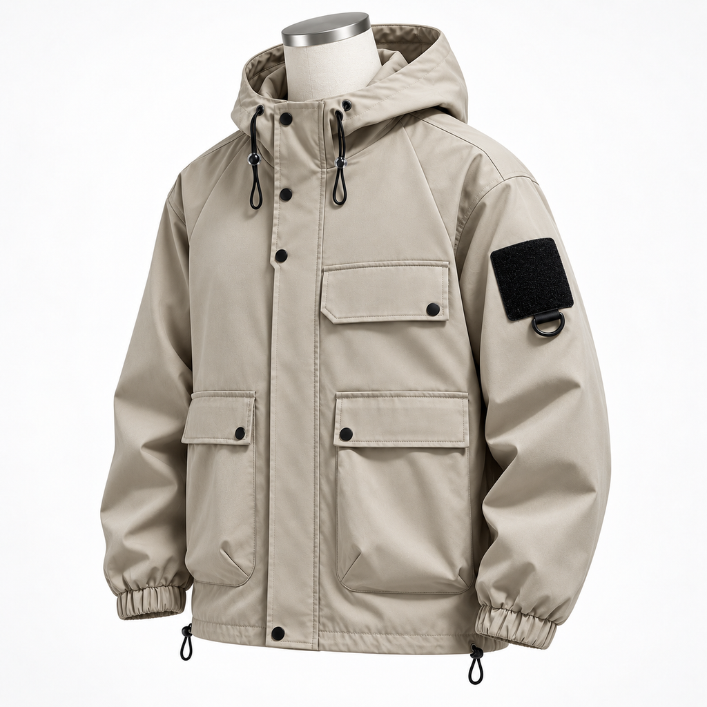 Earth Brown - A light beige hooded utility jacket displayed on a mannequin torso against a clean white background. The jacket features a front button closure, multiple flap pockets, elasticized cuffs, and a black velcro patch on the upper left sleeve.