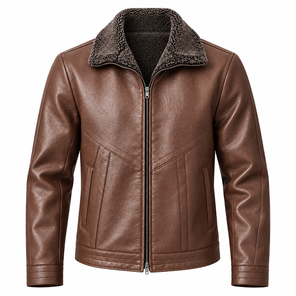 Coffee - A brown faux leather jacket with a dark brown sherpa fleece collar, featuring a front zipper, angled chest paneling, and zippered side pockets, shown on a plain white background.