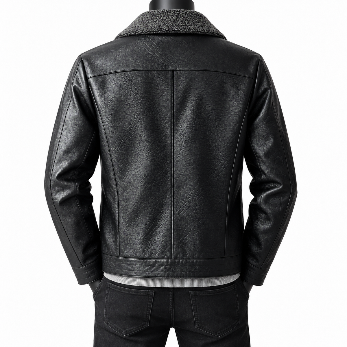 Black - A black faux leather jacket with a dark gray textured sherpa collar, shown from the back on a mannequin wearing black jeans against a white background.