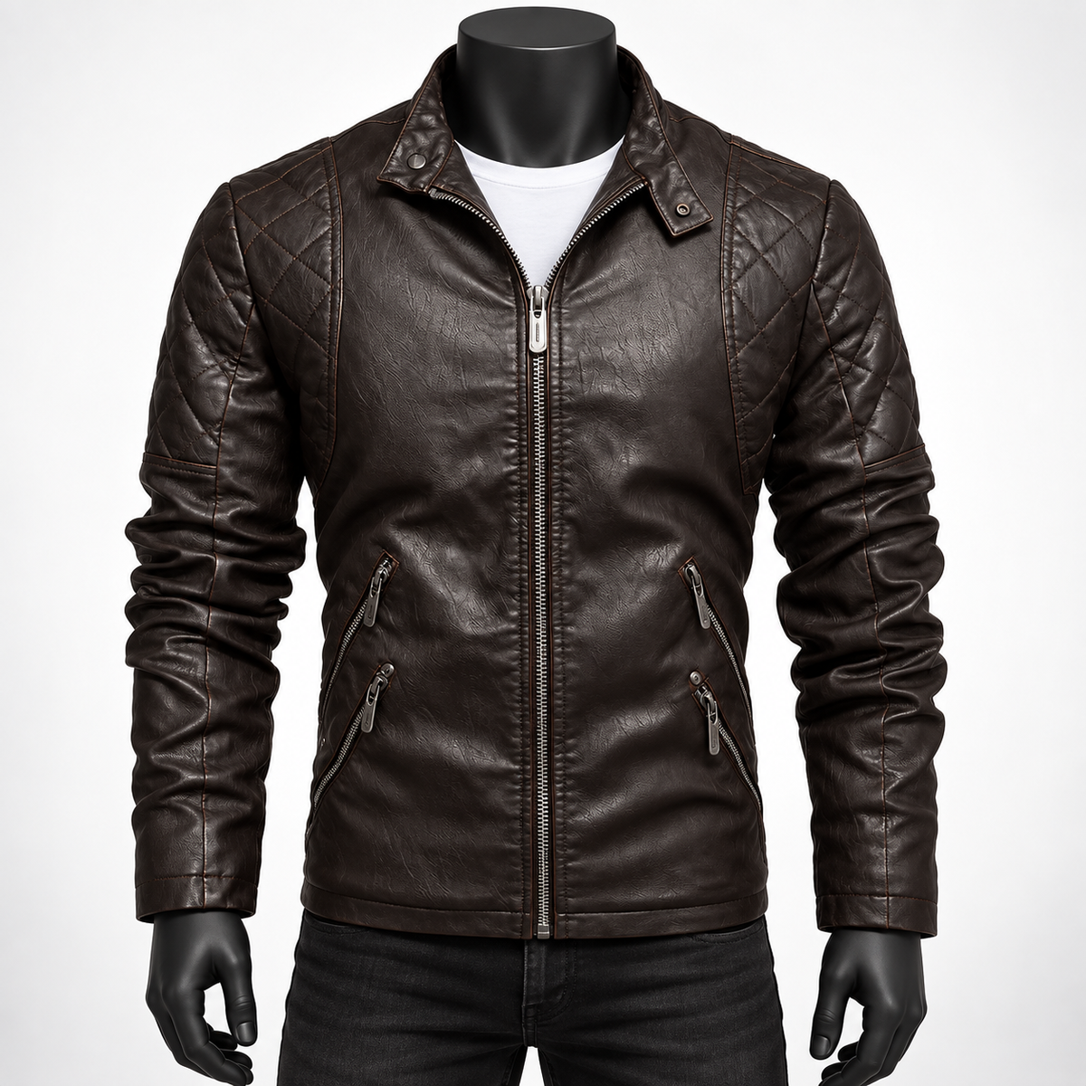 Coffee - A dark brown faux leather biker jacket with quilted shoulder panels, a front zipper, and zippered hand pockets, displayed on a black mannequin torso against a white background.
