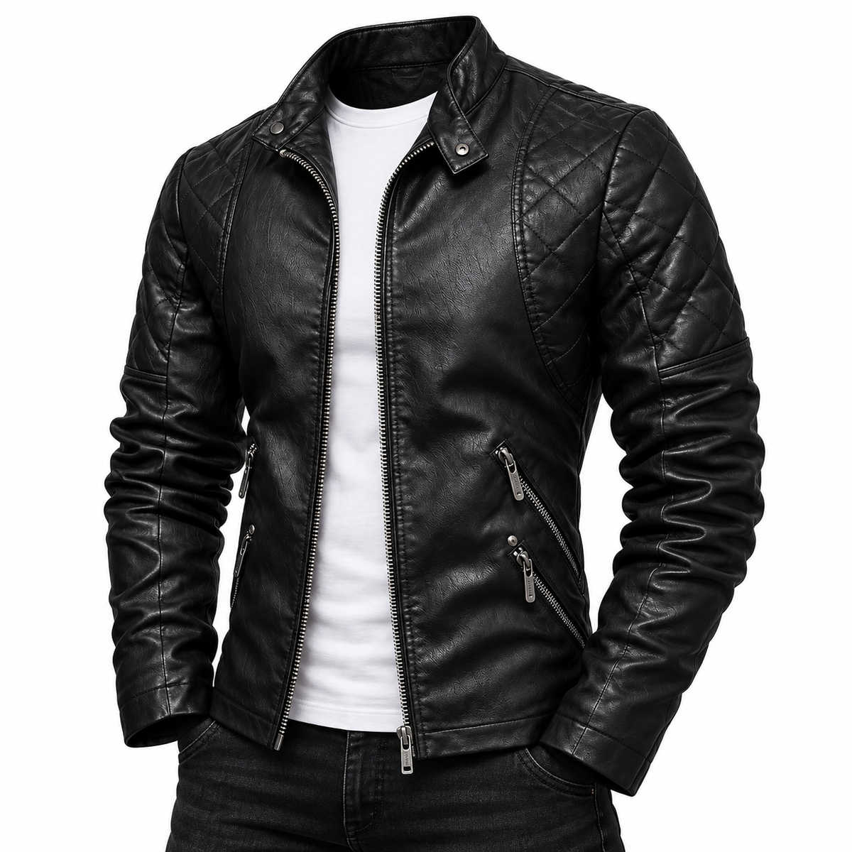 Black - A black faux leather motorcycle jacket with quilted shoulder panels, a stand collar, and zippered pockets, shown on a model wearing a white t-shirt and dark jeans against a white background.