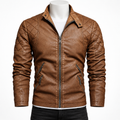 Yellow - A men's brown faux-leather jacket with quilted diamond stitching on the shoulders and chest, featuring a full-zip front, stand-up collar, and two diagonal zippered pockets, displayed on a white mannequin torso.
