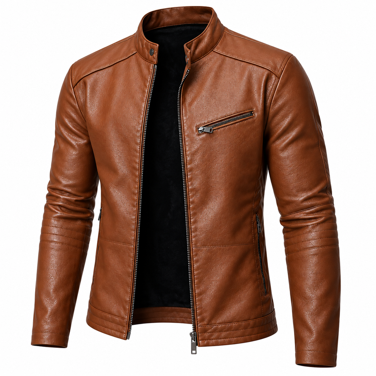 Yellow - A brown faux leather motorcycle jacket with a stand collar, front zipper, and a zippered chest pocket, displayed on a white background.