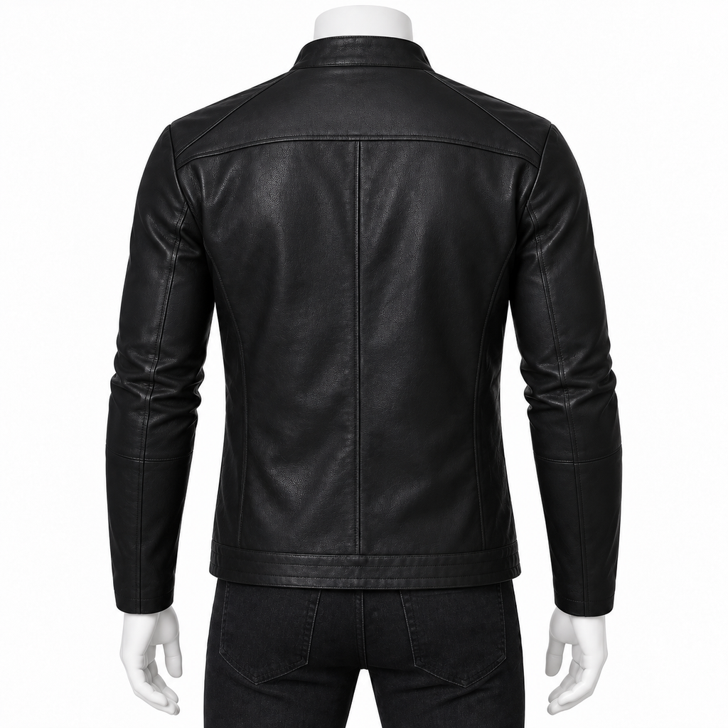 Black - A black leather jacket shown from the back on a mannequin with white hands and neck, wearing black jeans against a plain white background.