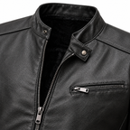 Green - Close-up of a black leather jacket with a stand collar, silver-tone zipper, and a zippered chest pocket, shown against a white background.
