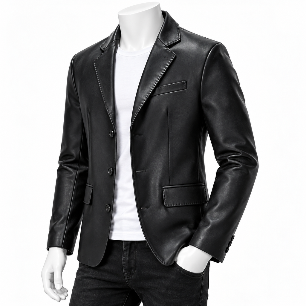 Black - A black leather blazer styled on a white mannequin torso, layered over a white t-shirt and black jeans against a plain white background.