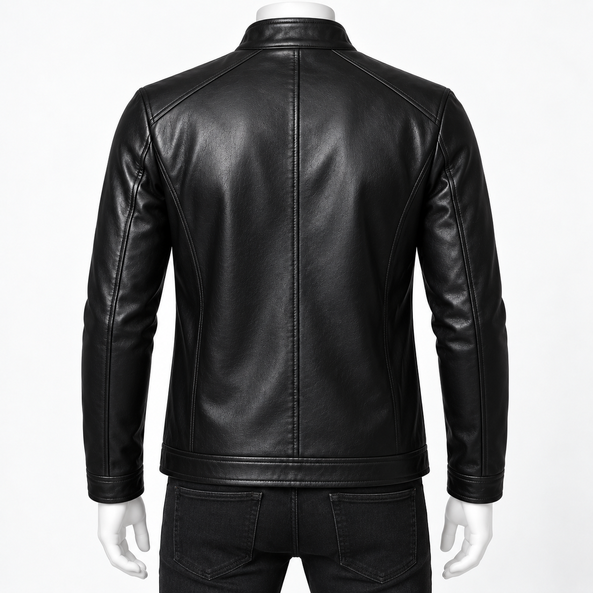 Black - Black leather jacket shown from the back on a mannequin, featuring a high collar, shoulder seam details, and a straight hem, paired with black jeans against a white background.