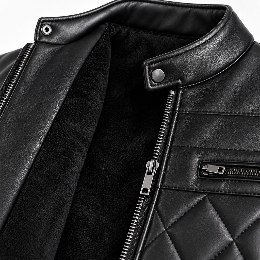 Black - Close-up of a black faux-leather jacket with a quilted front panel, silver zipper, and black sherpa lining.