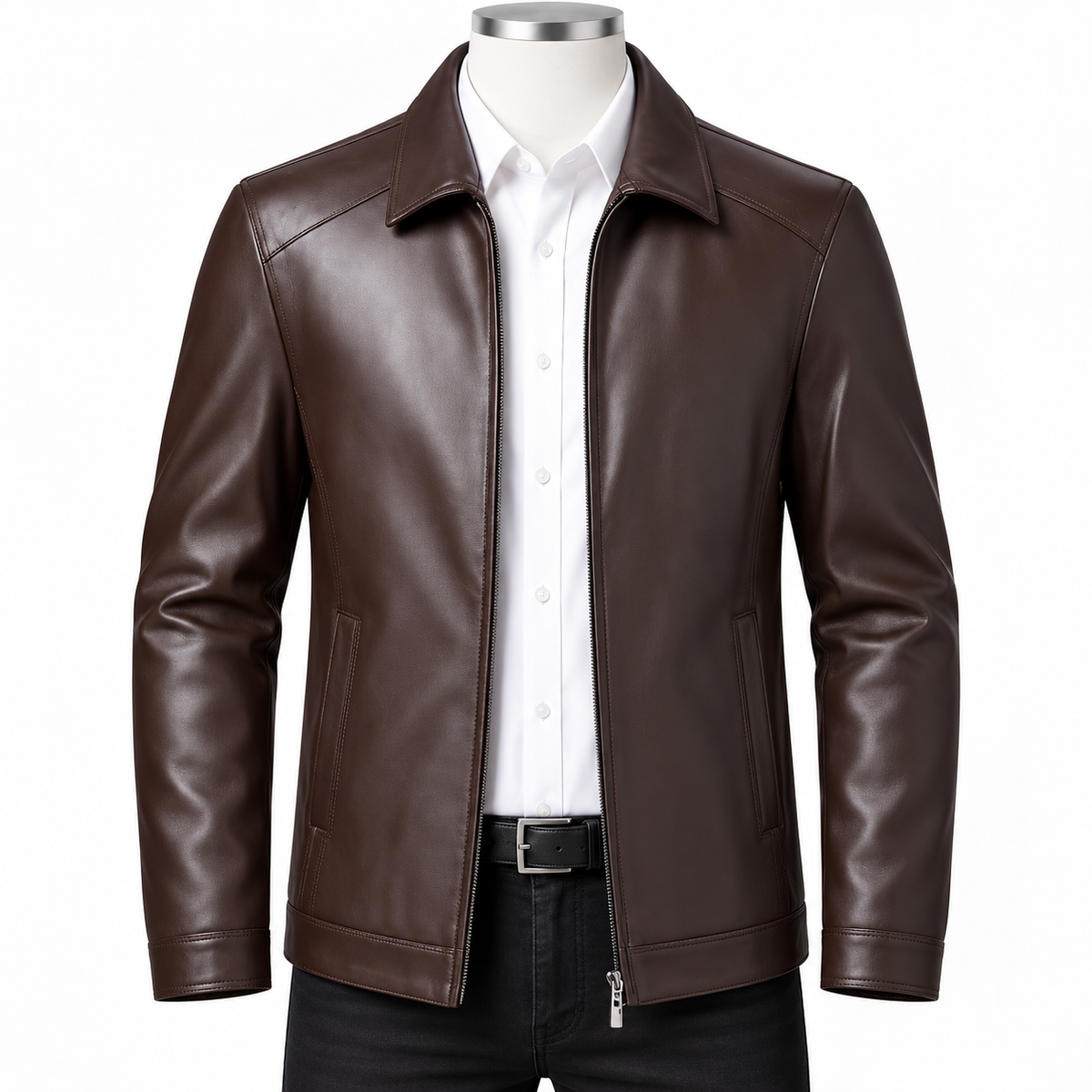 A dark brown faux-leather jacket displayed on a mannequin torso, styled with a white button-down shirt, black pants, and a black belt against a plain white background.