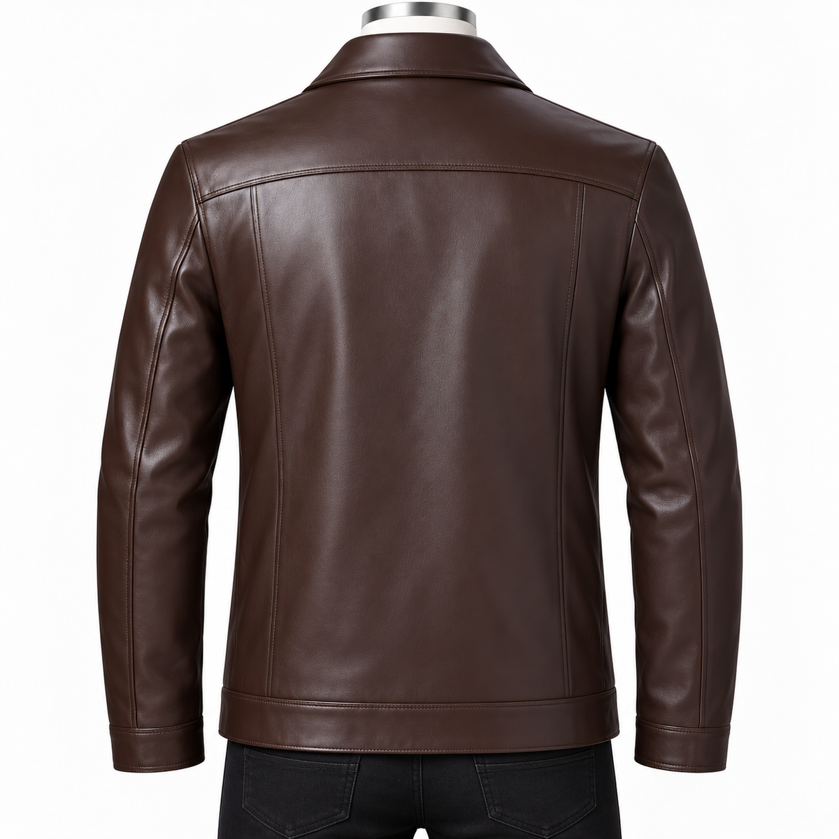 A dark brown leather jacket shown from the back on a mannequin with black pants, against a plain white background.